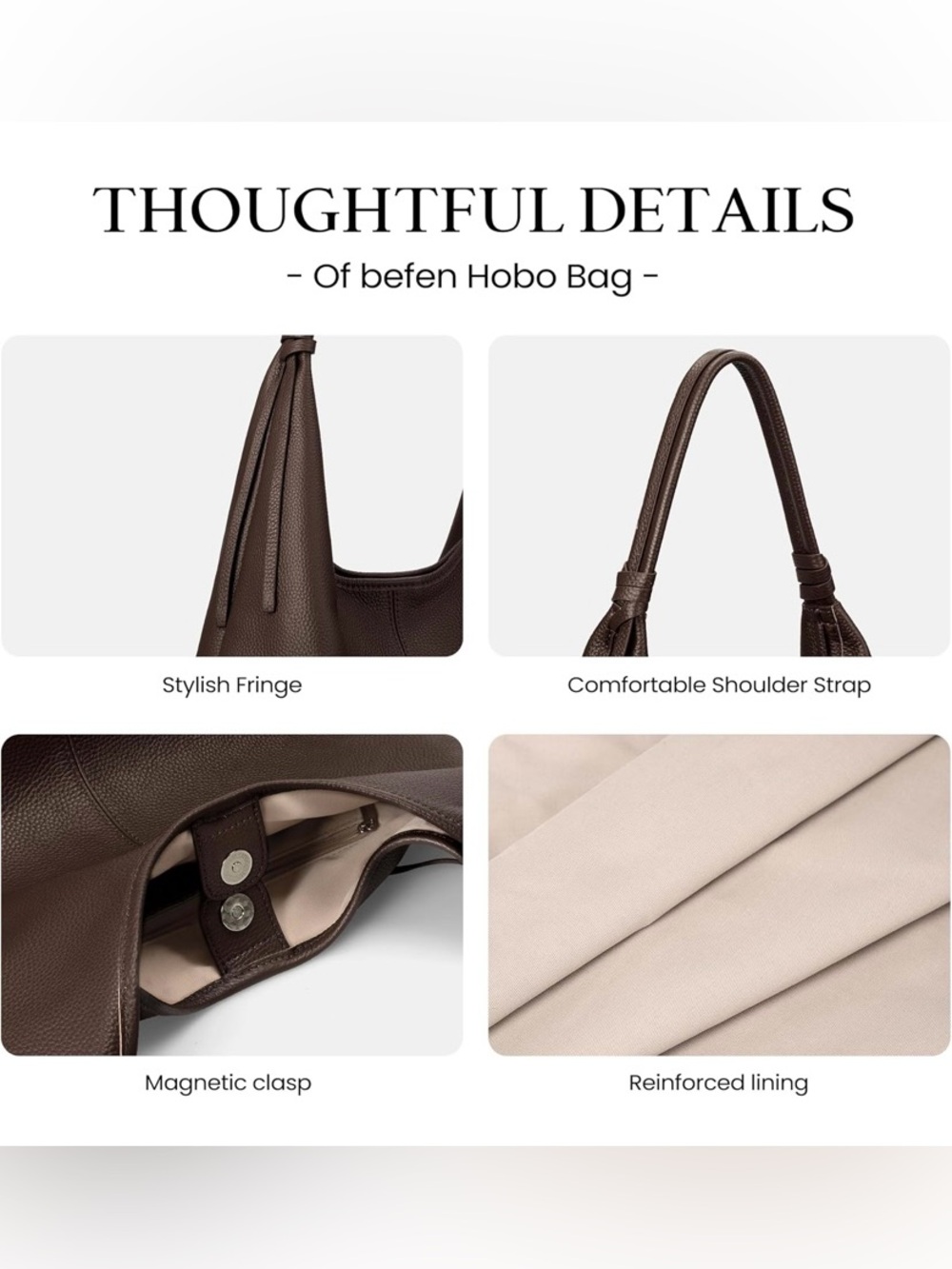 Befen Coffee Brown Leather Hobo Bag with Tassel Details - Picture 4 of 7